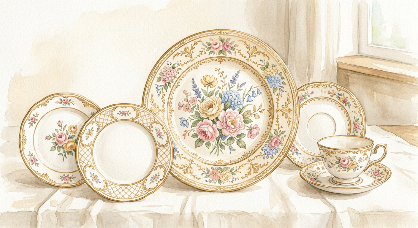 Elegant vintage china plates with gold accents