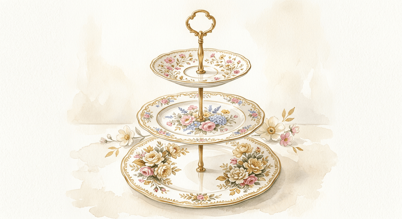 Three-tiered china serving stand with central gold post