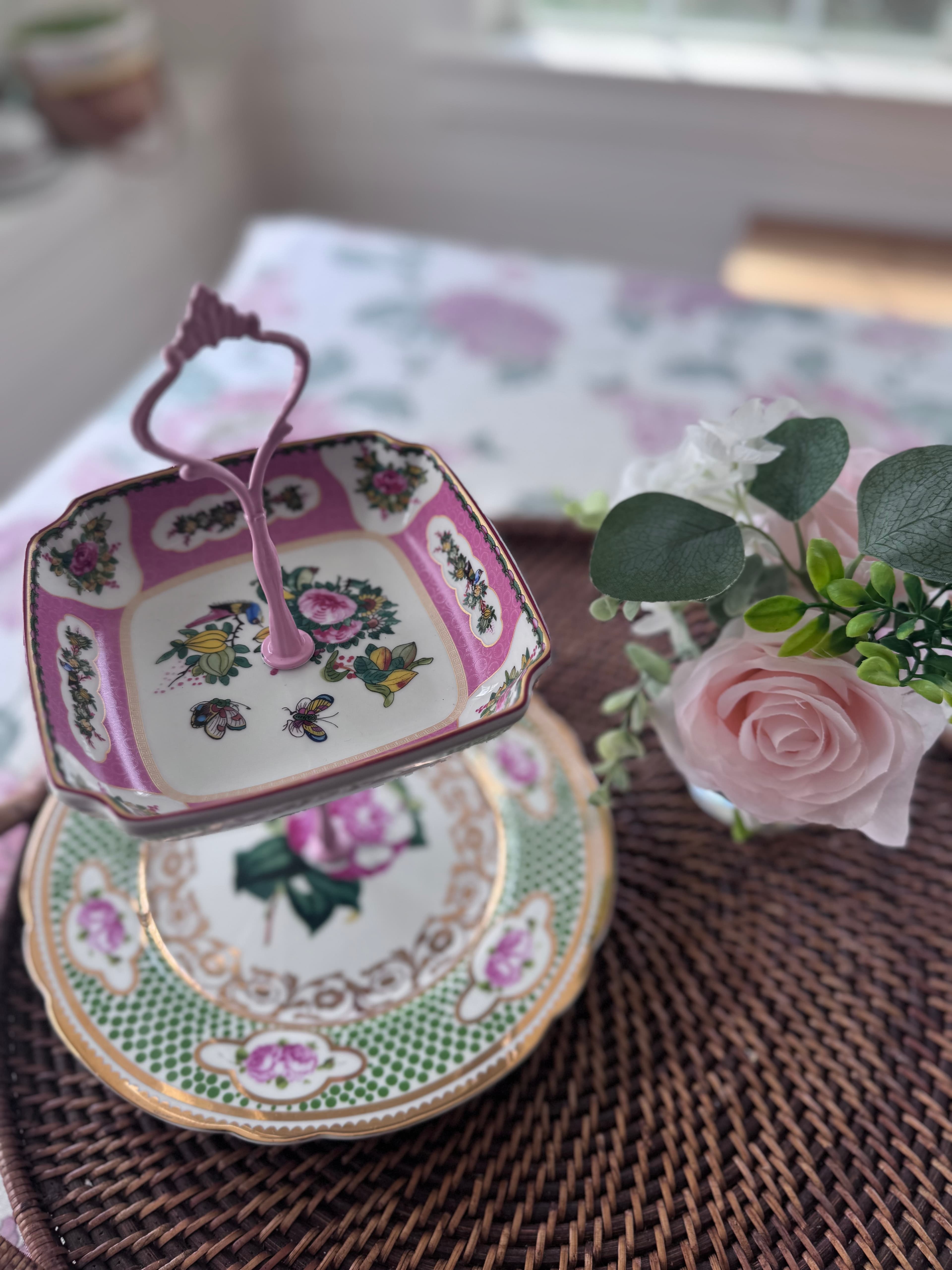 Vintage green and pink tiered stand topped Williams &…